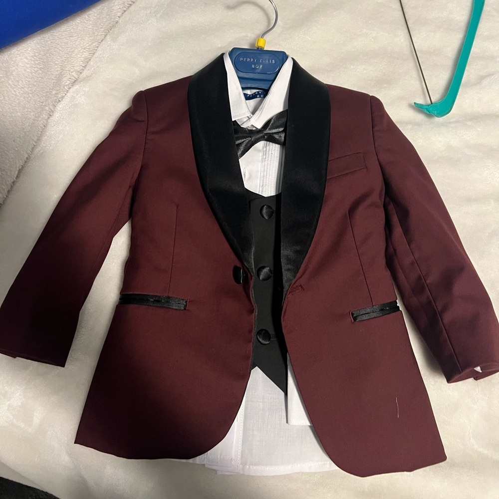 Perry Ellis Burgundy and Black Tuxedo Suit
